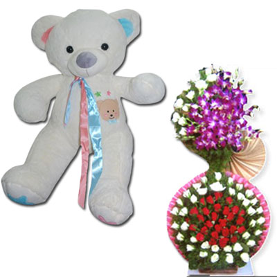 "Cream Teddy - BST- 9811, Flower Arrangement - Click here to View more details about this Product
